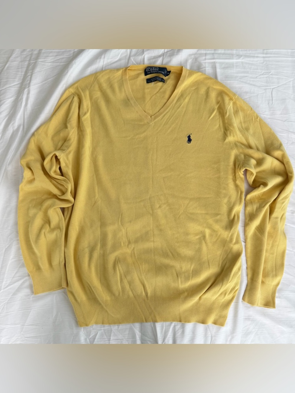 Ralph Lauren Men's V-Neck Sweater in Pale Yellow with Navy Pony